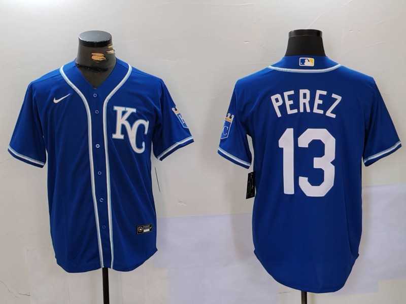 Men%27s Kansas City Royals #13 Salvador Perez Blue KC Cool Base Stitched Jersey